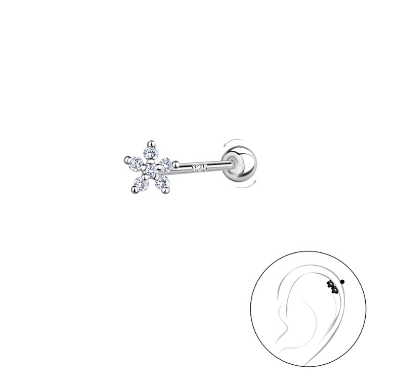Levně SYLVIENE Stříbrný piercing FLOWER ZIRKON Délka: 6 mm, Průměr/Tloušťka: 0,8 mm Ag 925/1000