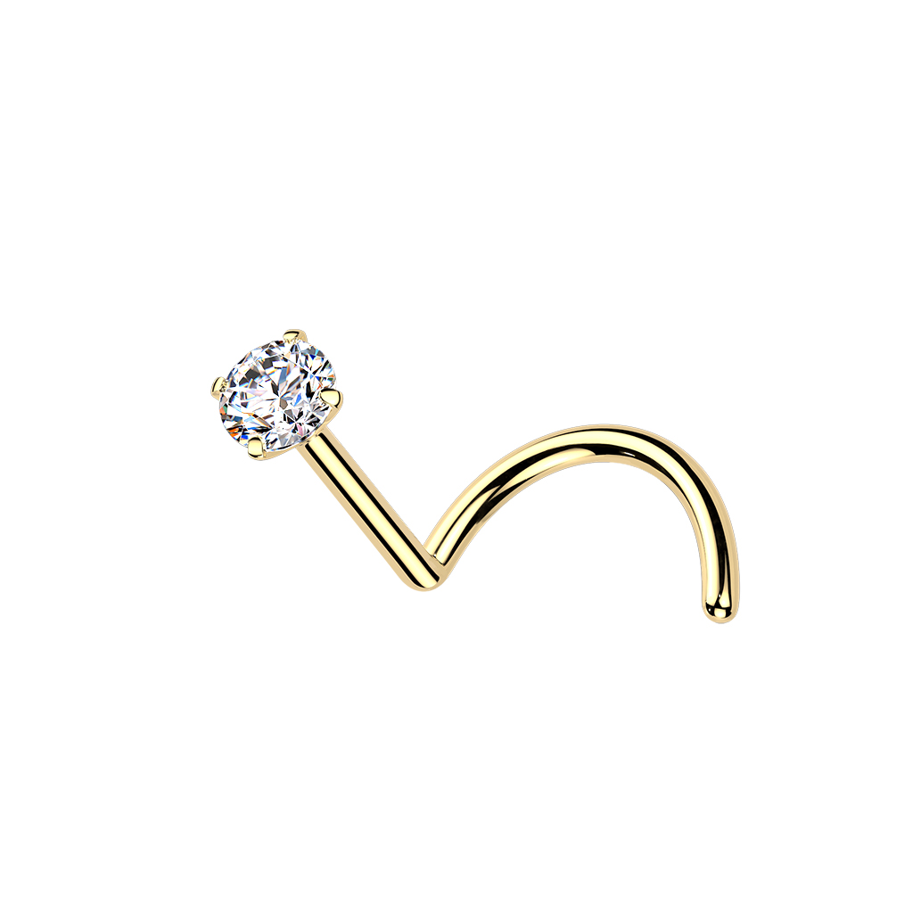 Levně SYLVIENE Titanový piercing do nosu s Moissanitem Barva: Zlatá/Čirá, Průměr/Tloušťka: 0,8 mm, Velikost kamene/Ozdobné koncovky: 2 mm - z titanu implantační třídy ASTM F136