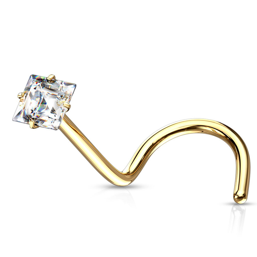 Levně SYLVIENE Piercing do nosu Square se Zirkonem Barva: Zlatá/Čirá, Průměr/Tloušťka: 0,8 mm, Velikost kamene/Ozdobné koncovky: 2,5 mm chirurgická ocel 316L s prémiovým PVD pokovením