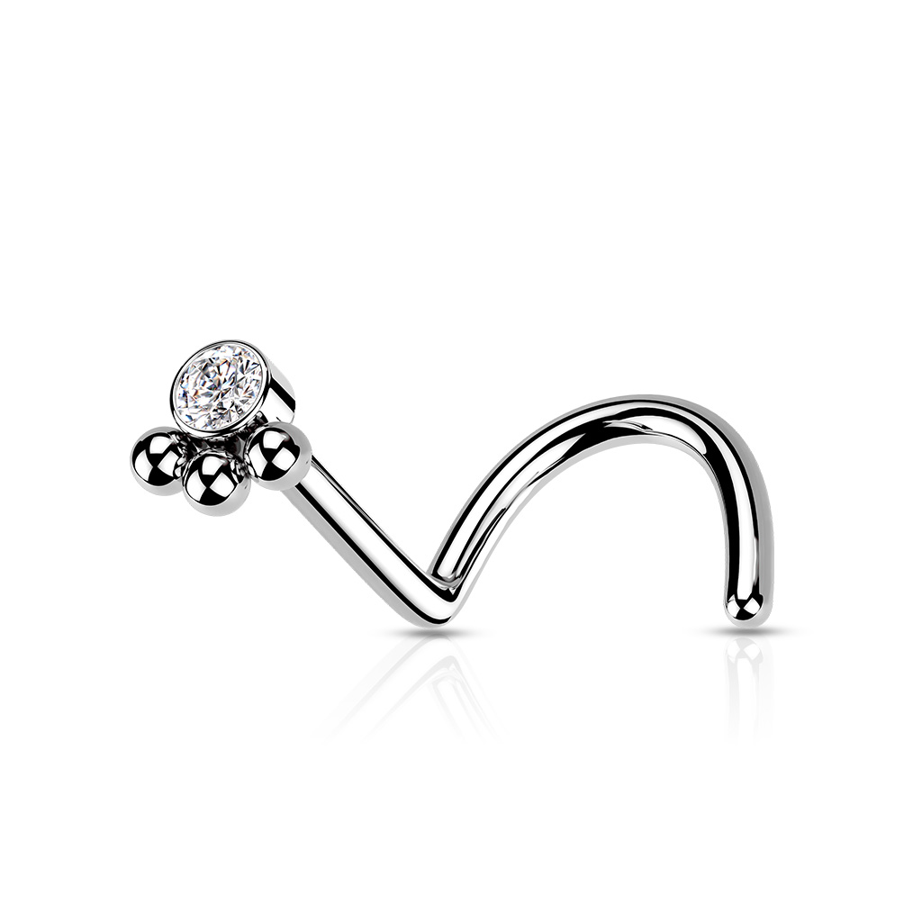 Piercing do nosu Three Balls se Zirkonem Barva: Stříbrná/Čirá, Délka: 6 mm, Průměr/Tloušťka: 0,8 mm