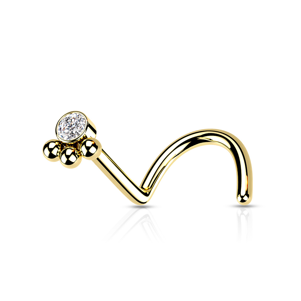 Piercing do nosu Three Balls se Zirkonem Barva: Zlatá/Čirá, Délka: 6 mm, Průměr/Tloušťka: 0,8 mm