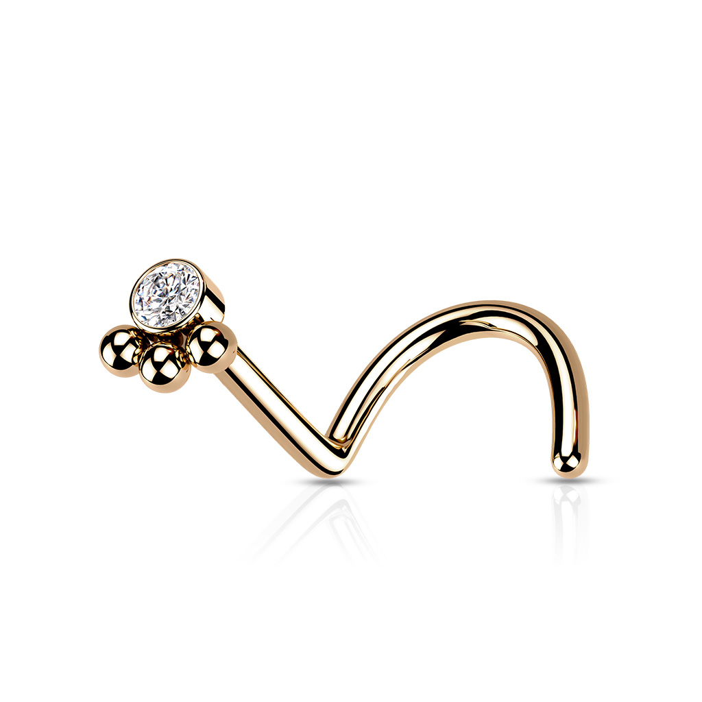 Piercing do nosu Three Balls se Zirkonem Barva: Rose Gold/Čirá, Délka: 6 mm, Průměr/Tloušťka: 0,8 mm