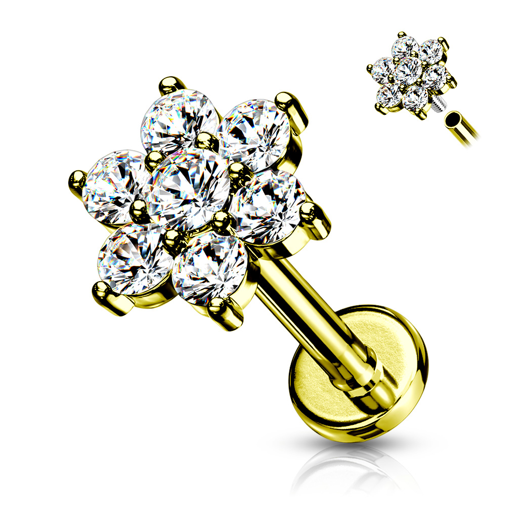Levně SYLVIENE Labreta Flower se Zirkony Barva: Zlatá/Čirá, Délka: 8 mm, Průměr/Tloušťka: 1,2 mm - chirurgická ocel 316L a mosaz