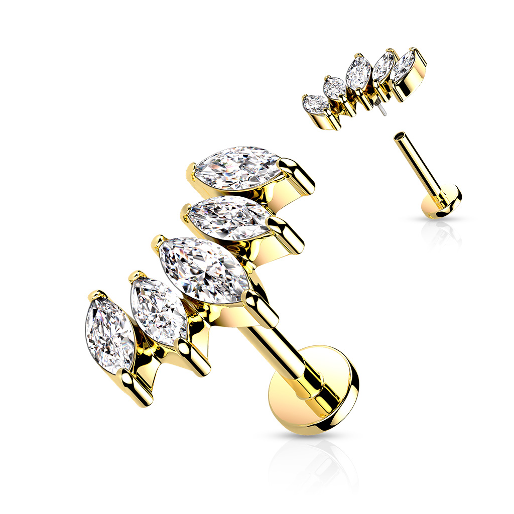 Levně SYLVIENE Labreta Marquise se Zirkony Barva: Zlatá/Čirá, Délka: 8 mm, Průměr/Tloušťka: 1,2 mm - chirurgická ocel 316L a mosaz s prémiovým PVD pokovením