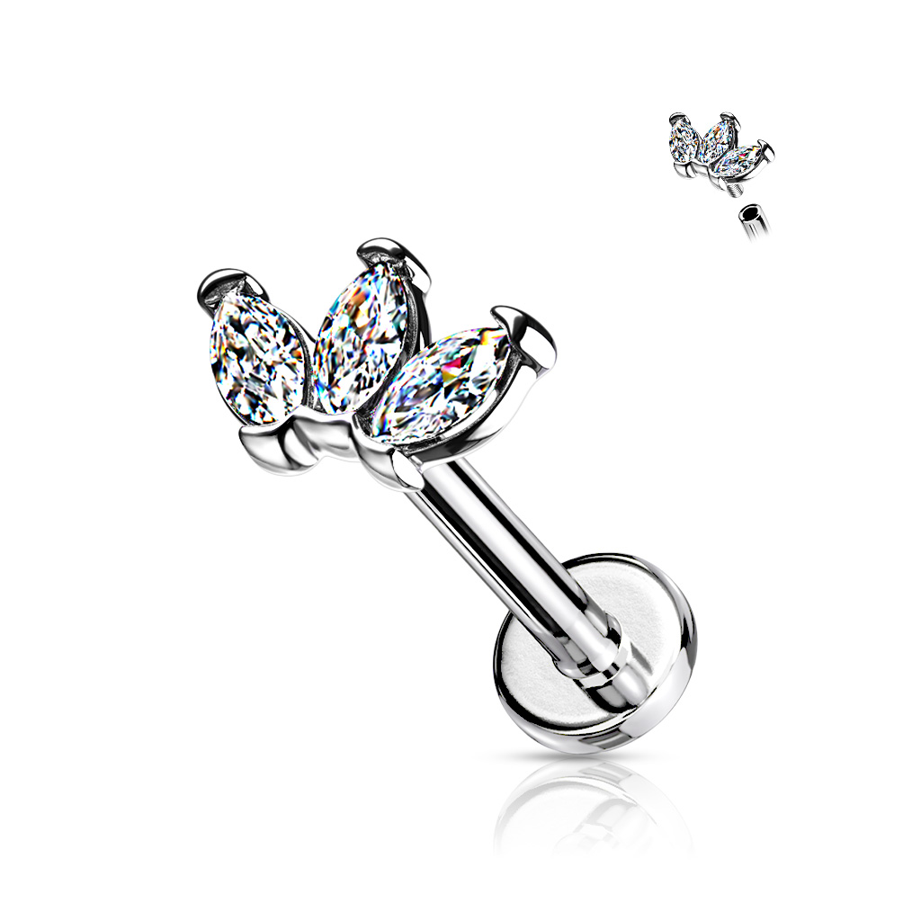Levně SYLVIENE Labreta Triple Marquise se Zirkony Barva: Stříbrná/Čirá, Délka: 8 mm, Průměr/Tloušťka: 1,2 mm - chirurgická ocel 316L a mosaz s prémiovým PVD pokovením