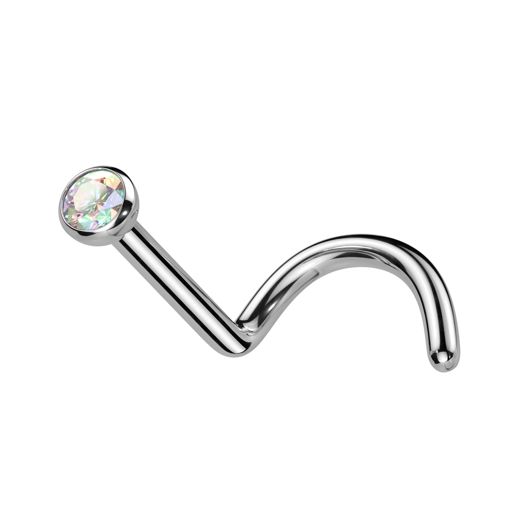 Titanový piercing do nosu se Zirkonem Barva: Stříbrná/Aurora Borealis, Průměr/Tloušťka: 0,8 mm, Velikost kamene/Ozdobné koncovky: 2 mm