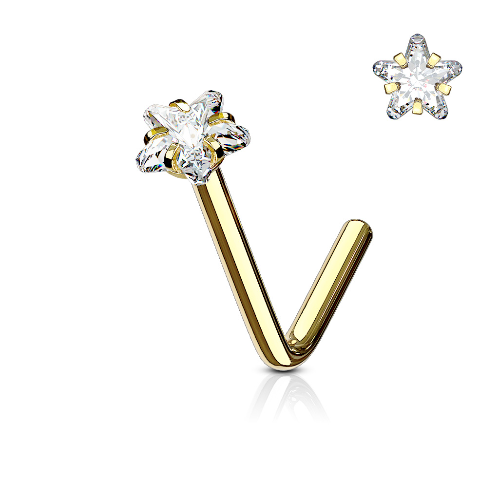 Levně SYLVIENE Piercing do nosu Star se Zirkonem Barva: Zlatá/Čirá, Délka: 6 mm, Průměr/Tloušťka: 1 mm chirurgická ocel 316L s prémiovým PVD pokovením
