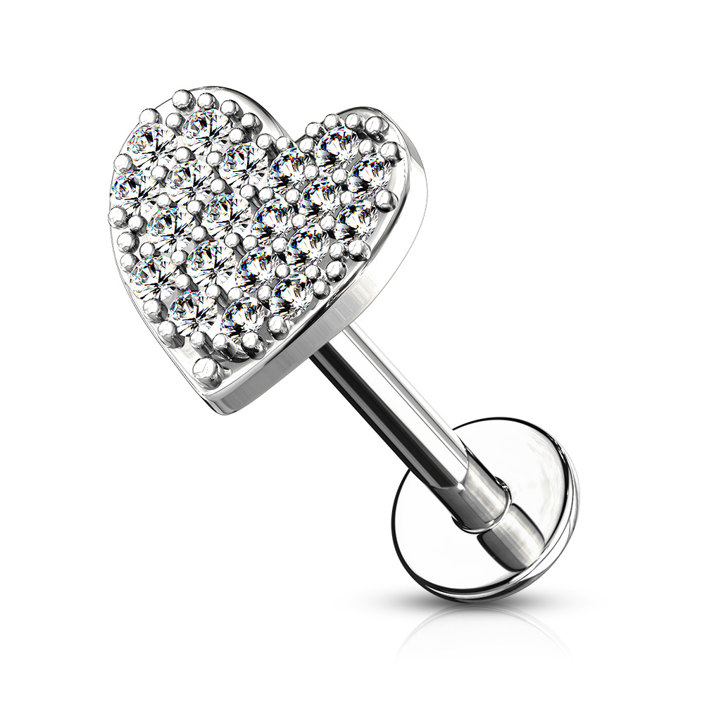Levně SYLVIENE Labreta Heart se Zirkony Barva: Stříbrná/Čirá, Délka: 8 mm, Průměr/Tloušťka: 1,2 mm - chirurgická ocel 316L a mosaz
