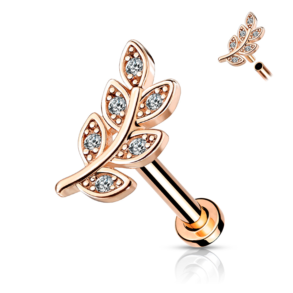 Levně SYLVIENE Labreta Leaf se Zirkony Barva: Rose Gold/Čirá, Délka: 8 mm, Průměr/Tloušťka: 1,2 mm - chirurgická ocel 316L a mosaz