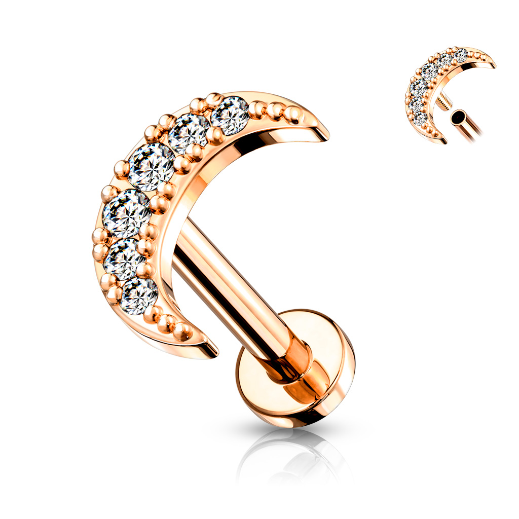 Levně SYLVIENE Labreta Moon se Zirkony Barva: Rose Gold/Čirá, Délka: 8 mm, Průměr/Tloušťka: 1,2 mm - chirurgická ocel 316L a mosaz
