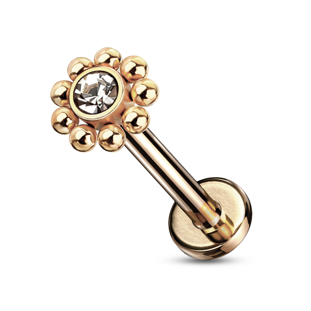 Levně SYLVIENE Labreta Balls s Krystalem Barva: Rose Gold/Čirá, Délka: 8 mm, Průměr/Tloušťka: 1,2 mm - chirurgická ocel 316L