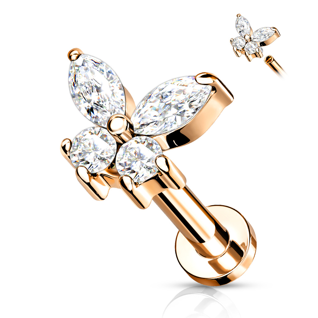 Levně SYLVIENE Labreta Butterfly se Zirkony Barva: Rose Gold/Čirá, Délka: 8 mm, Průměr/Tloušťka: 1,2 mm - chirurgická ocel 316L a mosaz