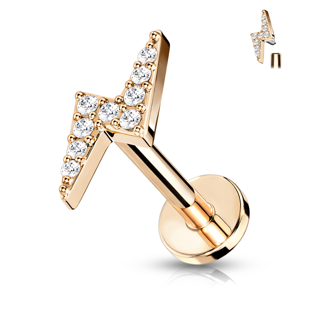 Levně SYLVIENE Labreta Lightning se Zirkony Barva: Rose Gold/Čirá, Délka: 8 mm, Průměr/Tloušťka: 1,2 mm - chirurgická ocel 316L a mosaz
