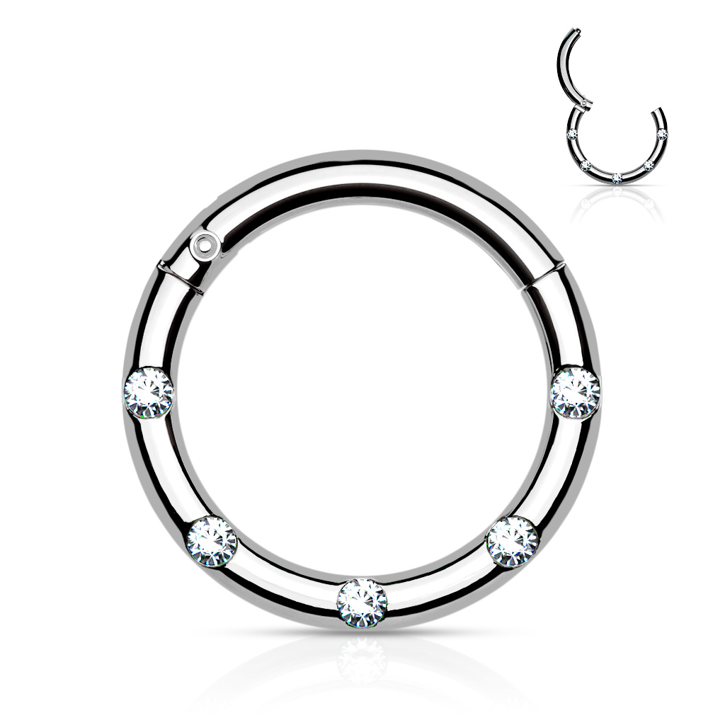 Levně SYLVIENE Piercing segment kroužek s Krystaly Barva: Stříbrná, Délka: 8 mm, Průměr/Tloušťka: 1,2 mm - chirurgická ocel 316L s prémiovým PVD pokovením