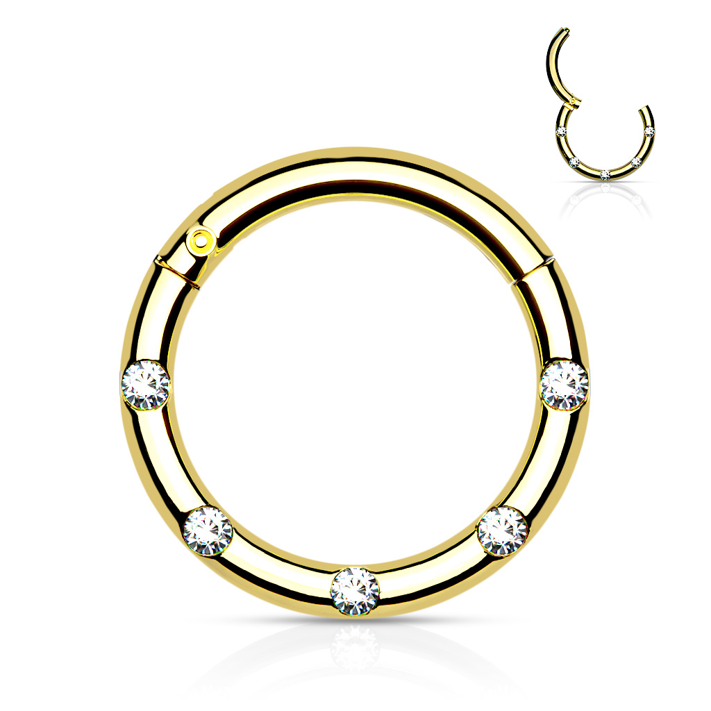 Levně SYLVIENE Piercing segment kroužek s Krystaly Barva: Zlatá, Délka: 8 mm, Průměr/Tloušťka: 1,2 mm - chirurgická ocel 316L s prémiovým PVD pokovením