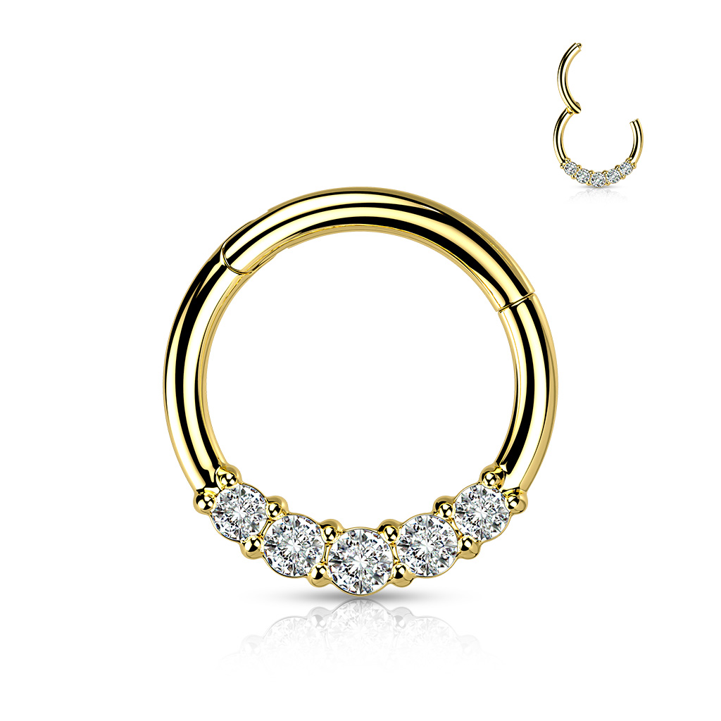 Levně SYLVIENE Piercing segment kroužek se Zirkony Barva: Zlatá/Čirá, Délka: 8 mm, Průměr/Tloušťka: 1,2 mm - chirurgická ocel 316L s prémiovým PVD pokovením