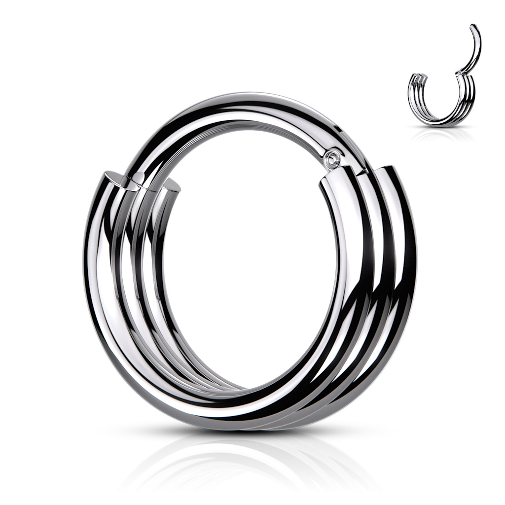 Levně SYLVIENE Piercing segment kroužek Triple Barva: Stříbrná, Délka: 10 mm, Průměr/Tloušťka: 1,2 mm - chirurgická ocel 316L s prémiovým PVD pokovením