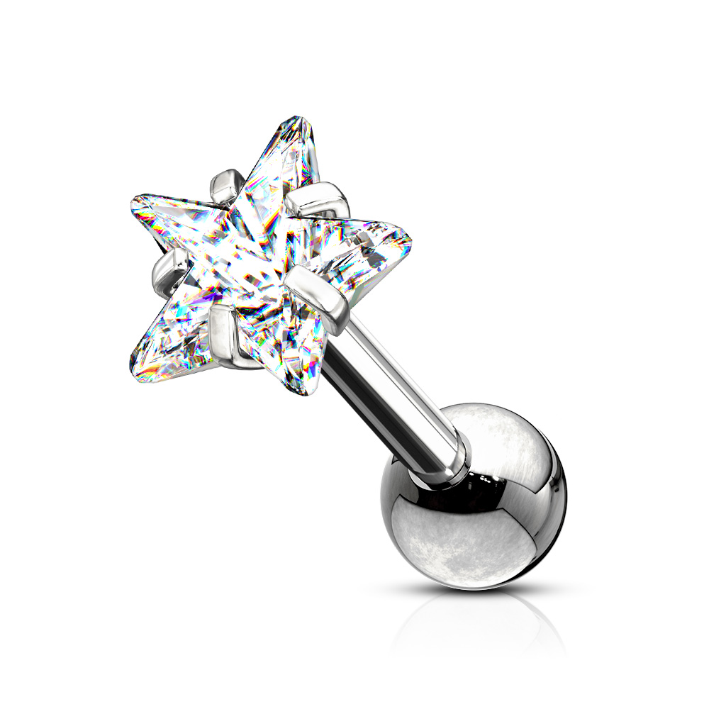 Levně SYLVIENE Piercing činka do ucha Star se Zirkonem Barva: Stříbrná/Čirá, Délka: 6 mm, Velikost ozdobné koncovky: 4 mm chirurgická ocel 316L s prémiovým PVD pokovením