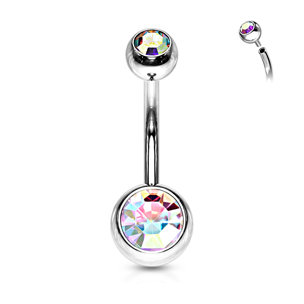 Levně SYLVIENE Piercing do pupíku se Zirkony Silver Barva: Aurora Borealis, Délka: 11 mm, Velikost ozdobné koncovky: 5 a 8 mm - chirurgická ocel 316L
