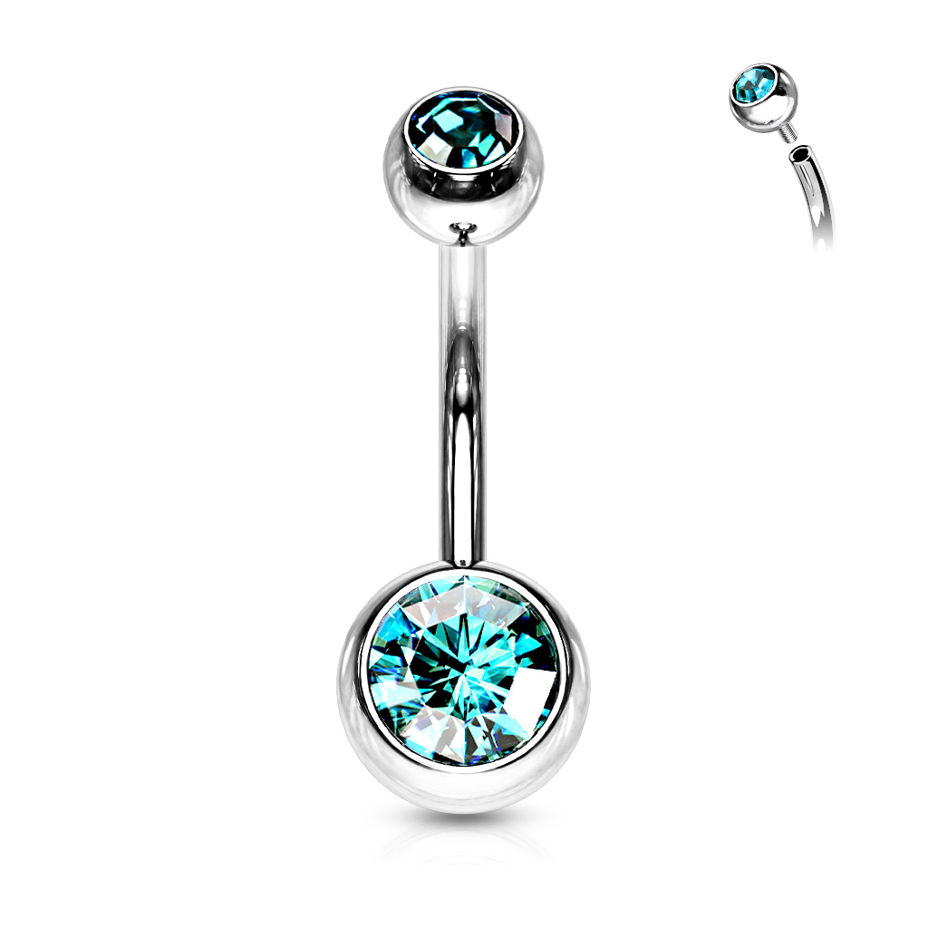 Levně SYLVIENE Piercing do pupíku se Zirkony Silver Barva: Tyrkysová, Délka: 11 mm, Velikost ozdobné koncovky: 5 a 8 mm - chirurgická ocel 316L