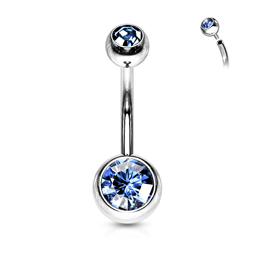 Levně SYLVIENE Piercing do pupíku se Zirkony Silver Barva: Světle modrá, Délka: 11 mm, Velikost ozdobné koncovky: 5 a 8 mm - chirurgická ocel 316L