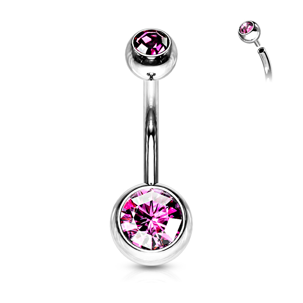 Levně SYLVIENE Piercing do pupíku se Zirkony Silver Barva: Růžová, Délka: 11 mm, Velikost ozdobné koncovky: 5 a 8 mm - chirurgická ocel 316L