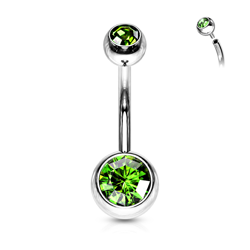 Levně SYLVIENE Piercing do pupíku se Zirkony Silver Barva: Zelená, Délka: 11 mm, Velikost ozdobné koncovky: 5 a 8 mm - chirurgická ocel 316L