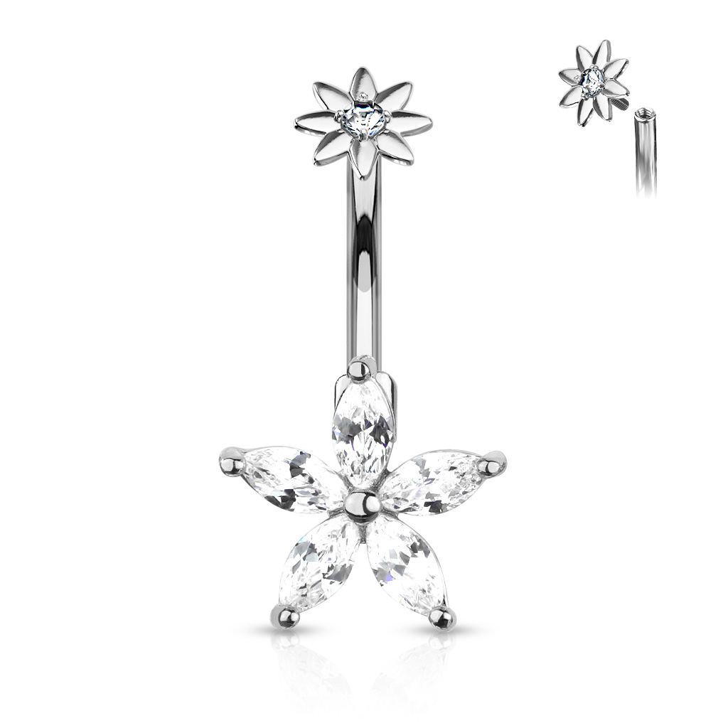 Levně SYLVIENE Piercing do pupíku Flower se Zirkony Barva: Stříbrná/Čirá - chirurgická ocel 316L a mosaz