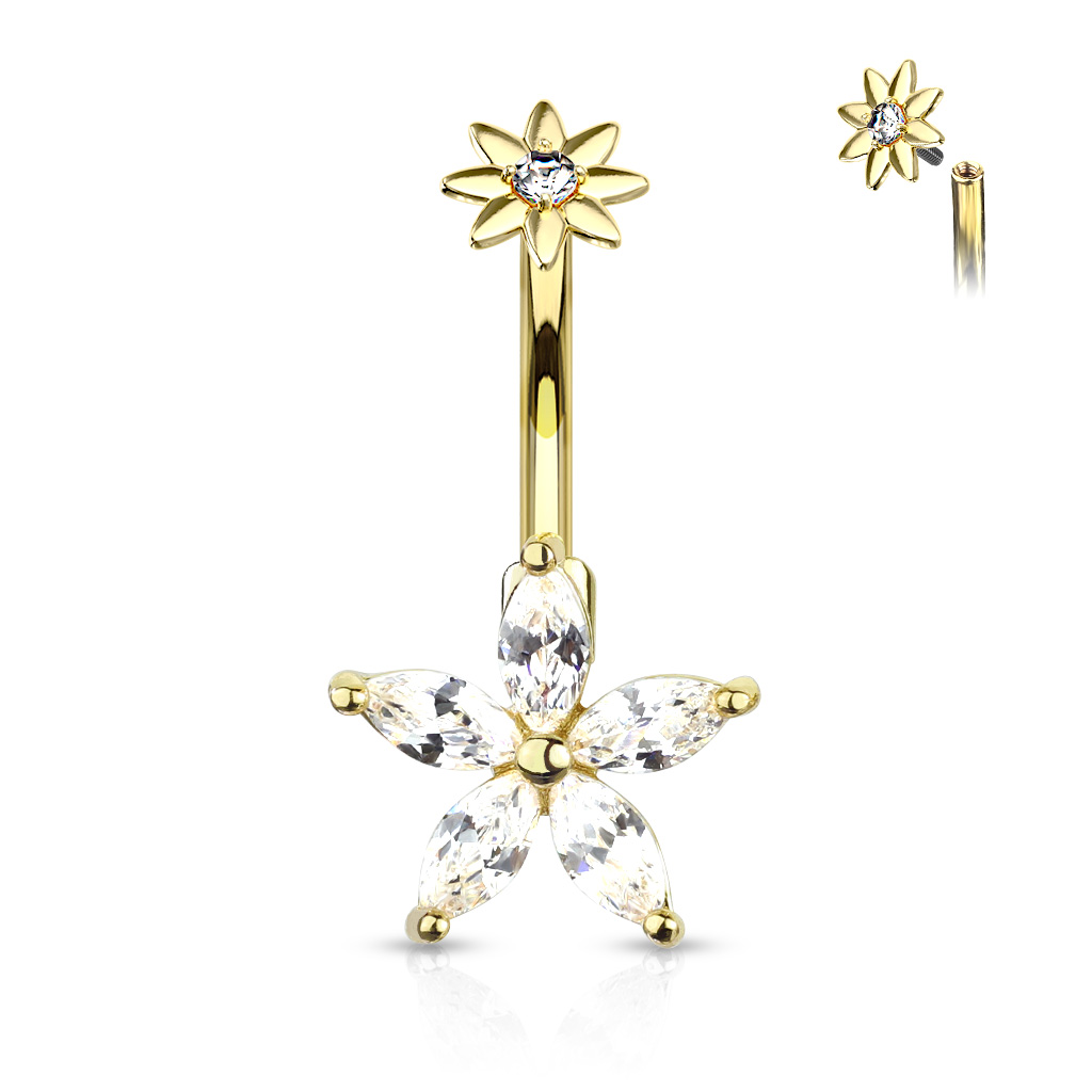 Levně SYLVIENE Piercing do pupíku Flower se Zirkony Barva: Zlatá/Čirá - chirurgická ocel 316L a mosaz