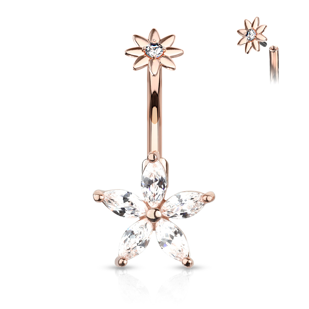 Levně SYLVIENE Piercing do pupíku Flower se Zirkony Barva: Rose Gold/Čirá - chirurgická ocel 316L a mosaz