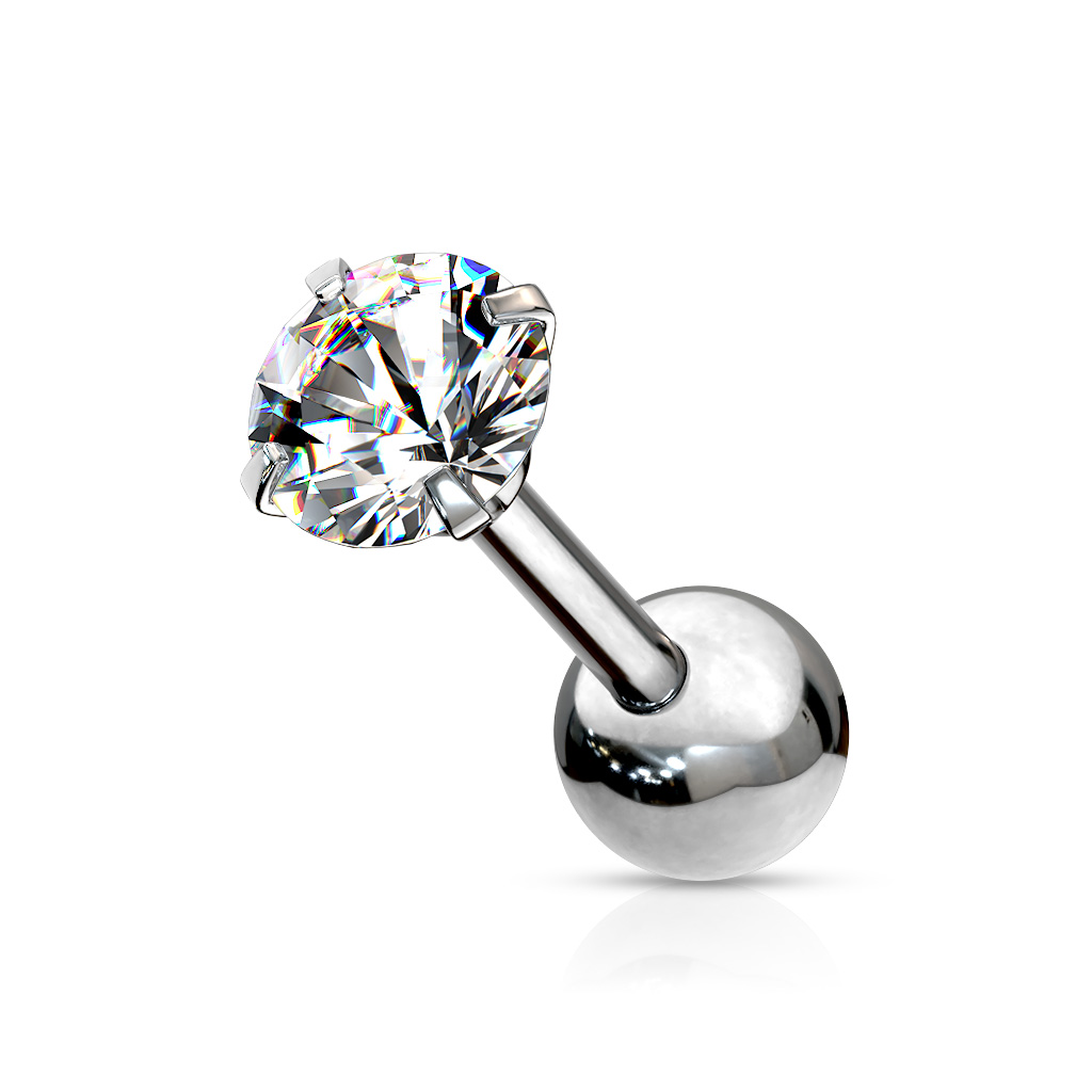 Levně SYLVIENE Piercing činka do ucha se Zirkonem 1,2 mm Barva: Stříbrná, Délka: 8 mm, Velikost ozdobné koncovky: 2 mm chirurgická ocel 316L s prémiovým PVD pokovením