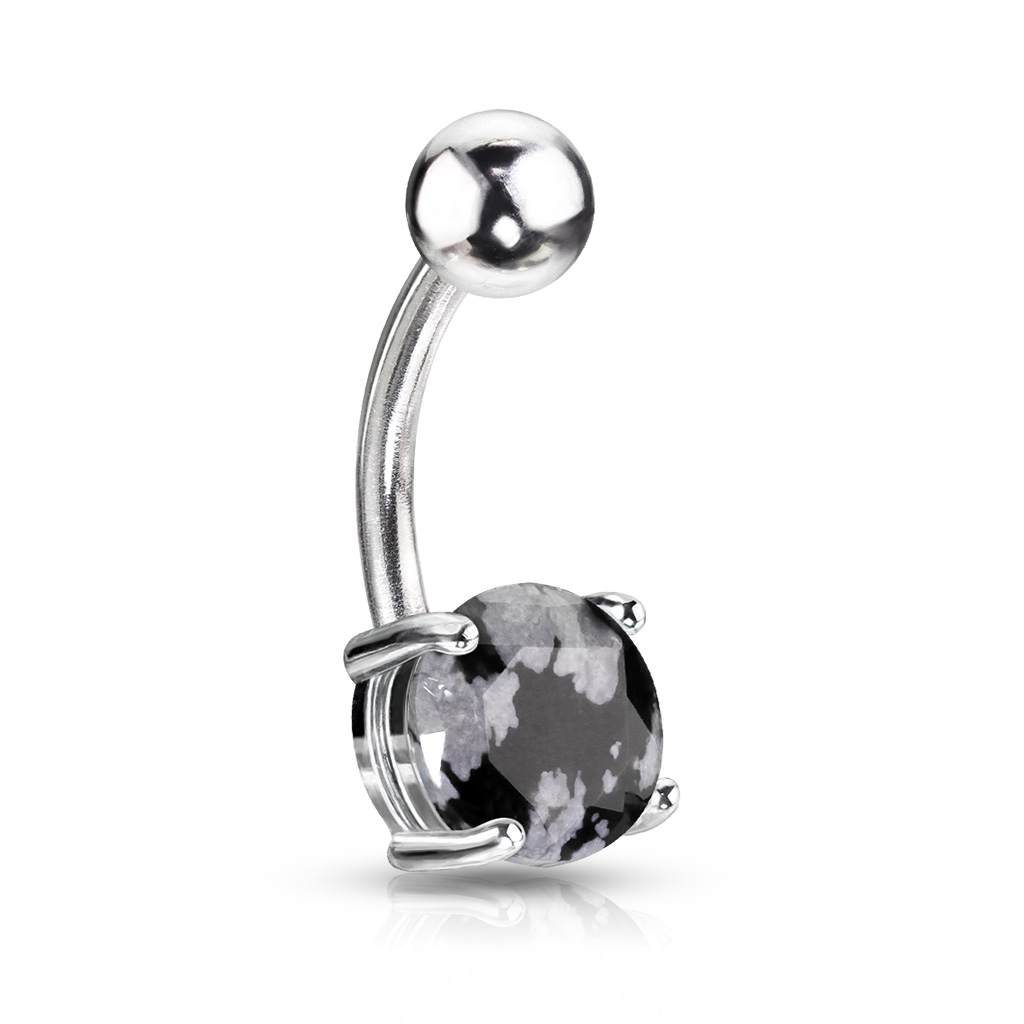 Levně SYLVIENE Piercing do pupíku Stone Silver Barva kamene: Obsidián obláčkový - chirurgická ocel 316L, syntetický kámen