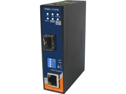 DIN PoE Fast Ethernet Media převodník, úzké provedení, neřiditelný, 1x 100TX (RJ-45) - 1x 100FX SFP, dv