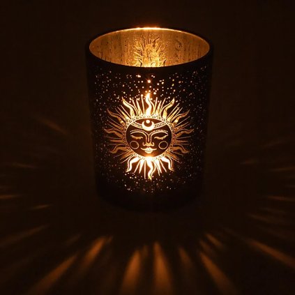 Skleněný svícen na svíčky - Slunce a měsíc  velká sklenice na svíčky,černá barva, 10 * 12,5 cm