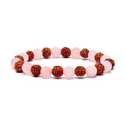 Náramek z růženínu a semínek rudraksha  korálky 8 mm, růženín, pružné zapínání