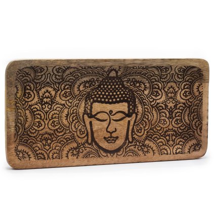 Dřevěný podnos Buddha  délka 30 cm, černá rytina, mangové dřevo, ruční práce