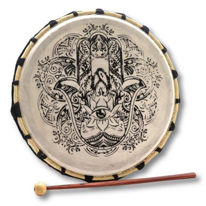 Šamanský buben s motivem Hamsa, dřevěná paličkou, průměr 30 cm