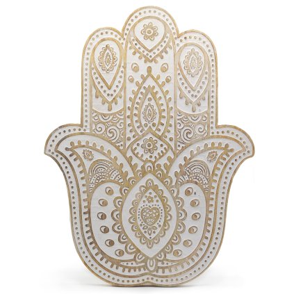 Nástěnná dřevěná dekorace - Hamsa  výška 52 cm, k zavěšení, mangové dřevo