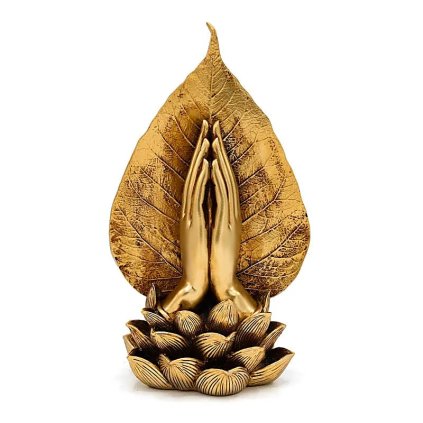 Zlatá soška modlící se ruce  výška 25,5 cm, symbol lotosu a Bodhi listu (strom osvícení)