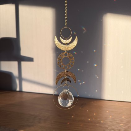 Lapač slunce - Fáze měsíce  zlaté, Feng Shui energie, délka 39 cm, průměr 5 cm