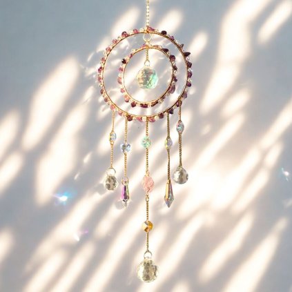 Lapač slunce - Vnitřní harmonie  s ametystem, Feng Shui energie, délka 55 cm, průměr kruhu 12 cm