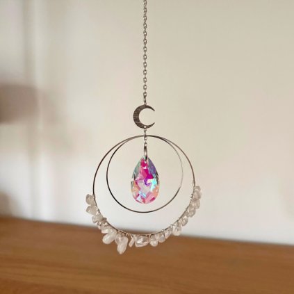 Lapač slunce - Brána očisty a harmonie  stříbrný, s křišťálem, Feng Shui energie, délka 33 cm