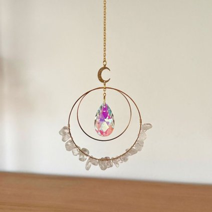 Lapač slunce - Brána očisty a harmonie  zlatý, s křišťálem, Feng Shui energie, délka 33 cm