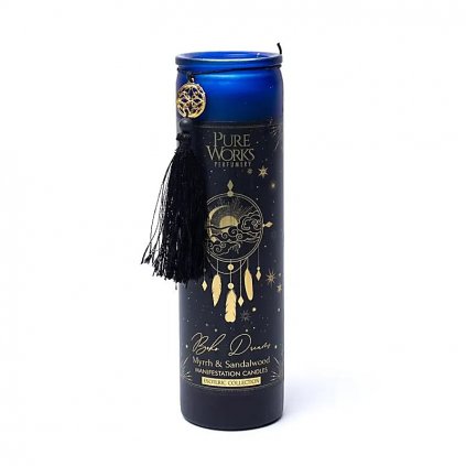 Manifestační svíčka - Boho Dreams  doba hoření 80 hod., ve skle, santal. dřevo, myrha
