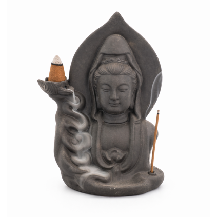 Stojánek na tekoucí dým - Buddha  keramický, na vonné kužely/tyčinky, výška 16 cm