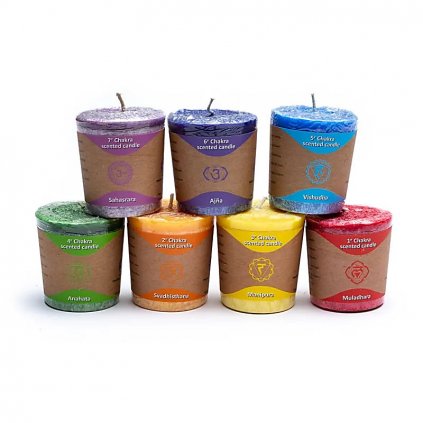 Set aroma svíček - 7 čaker  7 ks votivních svíček, hoření 14-16 hod., 4,5 x 4 cm