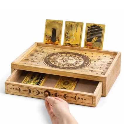 Tarotový box - Nebeský výklad  mangové dřevo, ruční práce, rozměr 35*25*8 cm, vyryté symboly