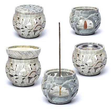 Multifunkční aromalampa a kadidelnice  Květinový motiv, z mramorového mastku, 11 cm