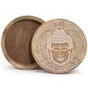 Dřevěný úložný box Buddha  průměr 17,5 cm, bílá rytina, na drobné předměty