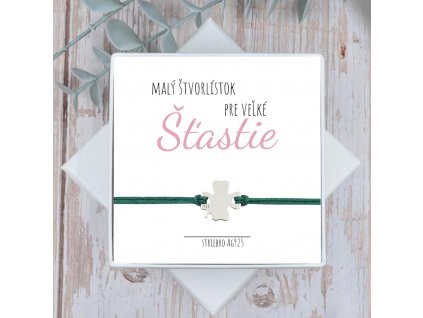 náramok pre šťastie strieborný štvorlístok na šnúrke s textom